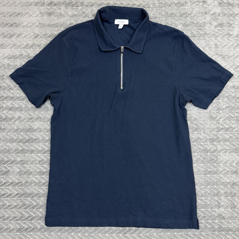 Reiss Polo Mens Large/Fits Small Blue Navy 1/4 Zip Short Sleeve Shirt Textured